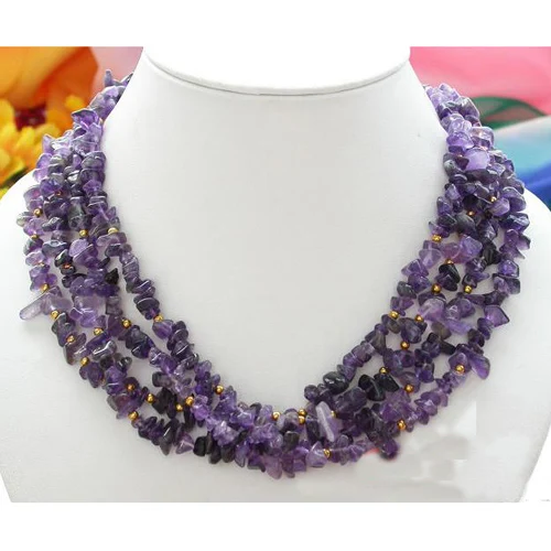 Gemstone Jewelry 4Row 17'' Purple Abnormity Amethyst Detritus Gold Beads Necklace Handmade FineJewelry Charming Woman Gift