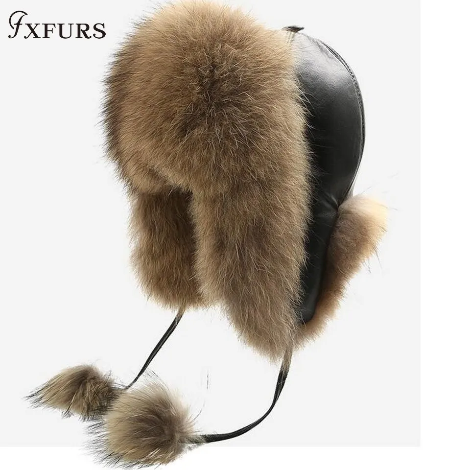 

FXFURS 2021 Women's Winter Raccoon Fur Hats with Leather Tops Ear Flaps Bomber Hats Russian Ushanka outdoor Leifeng Fox Fur Caps