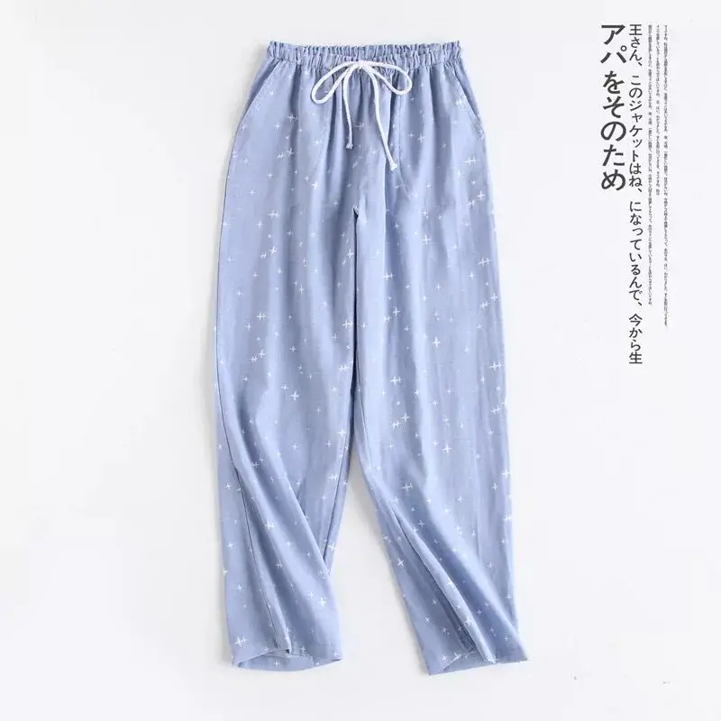 Pantalones de dormir de gasa de algodón para hombre y mujer, para el hogar con lazo Pantalón de pijama, parte inferior, Primavera