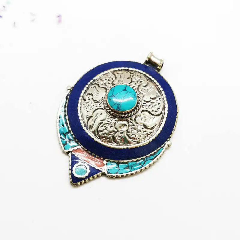 Original Tibetan Jewelry Nepal Vintage Pendant Copper Inlay Colorful Stone Pendants TBP464