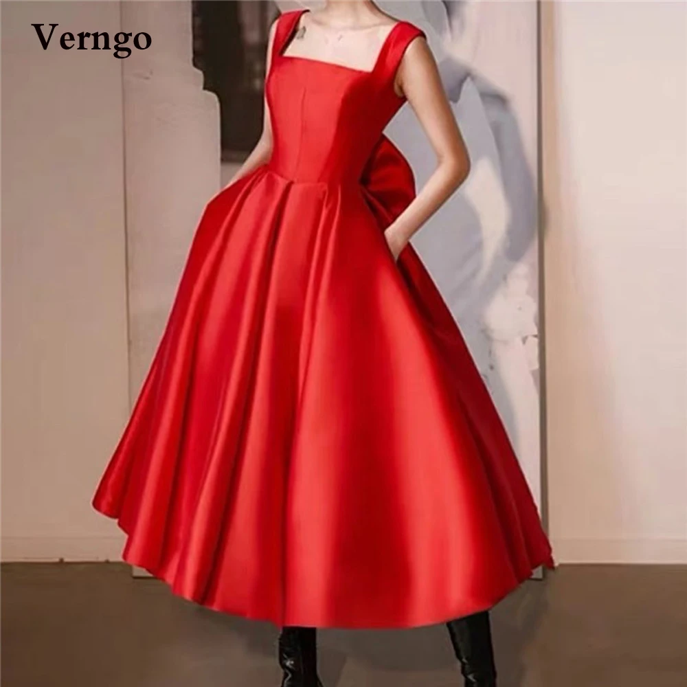 

Verngo Red Graduation Dresses A Line Satin Evening Party Gowns With Big Bow Lace Up Back Tea Length Prom Dress With Pockets