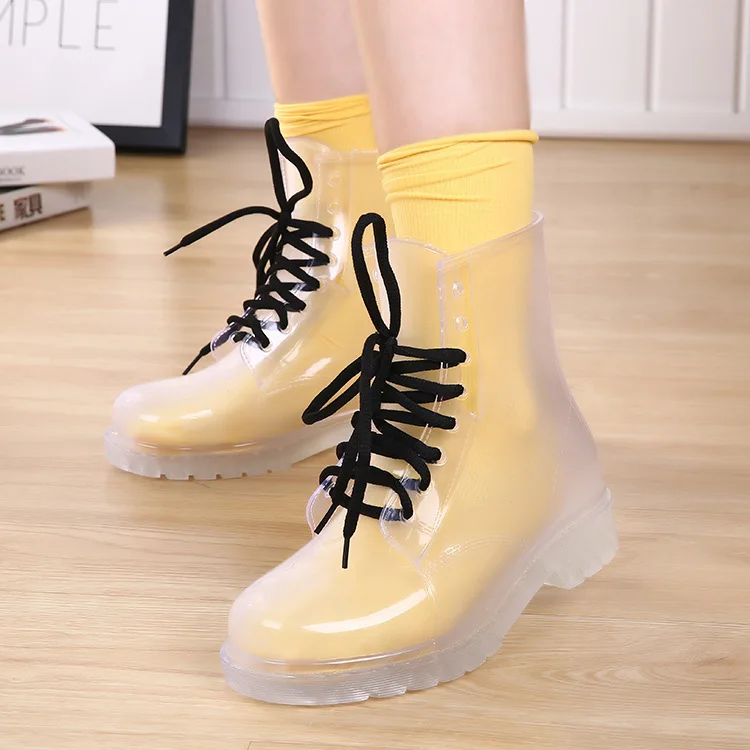 Women Rain Boots Mature Lady Lace Up Waterproof Lady Shoes Transparent Candy Colors Ankle Outdoor Girl\'s Shoes dfc3