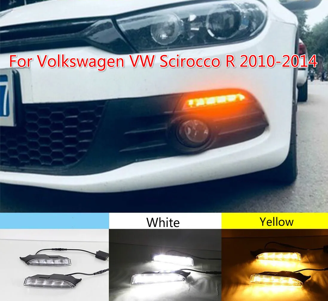 

Дневные ходовые огни, 2 шт., 12 В, для Volkswagen Scirocco R 2010, 2011, 2012, 2013, 2014, светодиодные, дневные ходовые огни, белый указатель поворота, янтарный