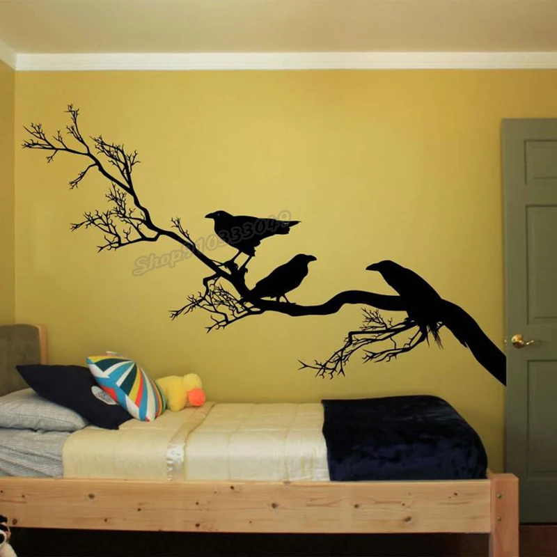 Raven Crow Corbie Wings Birds Wall Sticker Vinyl Decal Tree branches crow Wall Decals Nursery Kids Room Decor Wallpaper B170