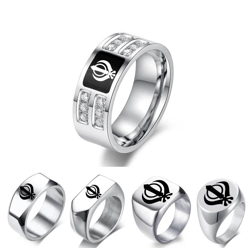 India Sikhism Rings Men Hinduism Customized Sikh Symbol Stainless Steel Signet Band Ring Religious Jewelry