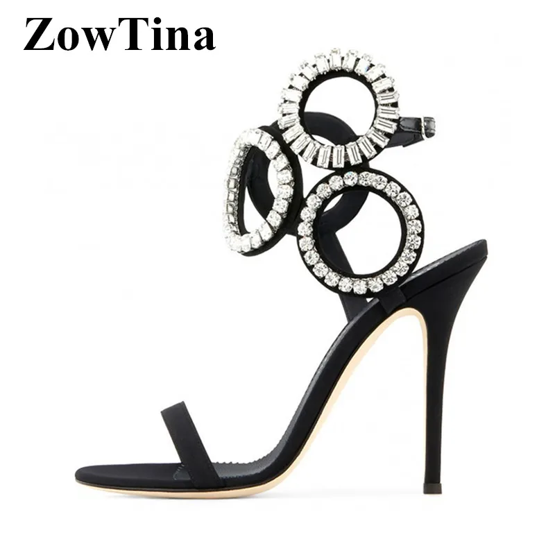 

New Women Black Sandals Crystal Circle Decor High Heels Summer Dress Prom Pumps Italian Design Ladies Sandalias Femmes Shoe