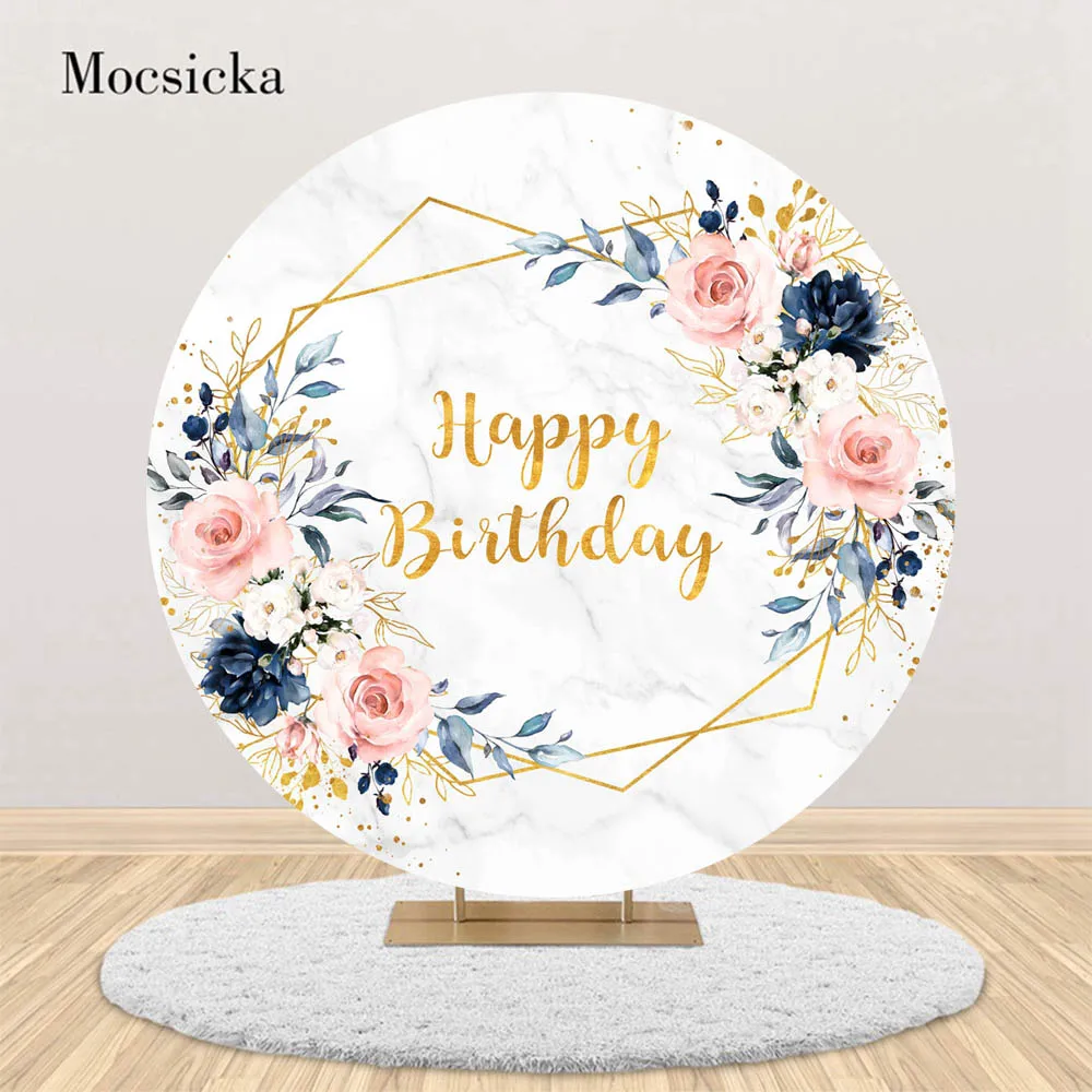 Mocsicka Happy Birthday Round Backdrop for Photography Marble Texture Women Birthday Decor Photo Background Cover Studio Props