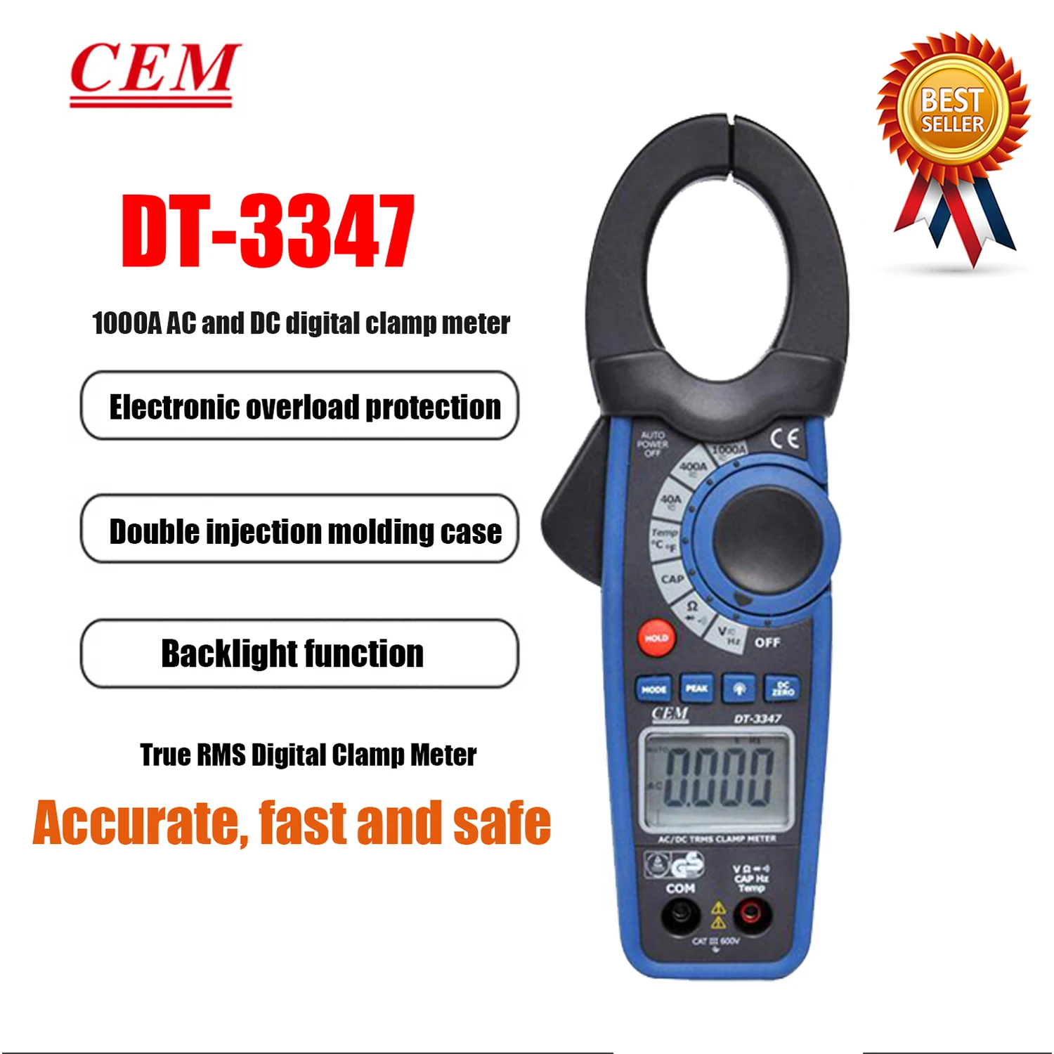 CEM DT-3340 DT-3341 DT-3343 DT-3345 DT-3347 DT-3348 Digital Clamp Type Meter Overload Protection Resistance Diode Test Backlight