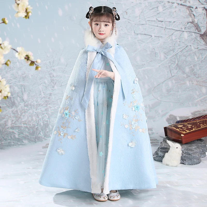 Hanfu Quilted Hooded Girl's Warm Cape Winter New Embroidery Thicken Cloak Chinese Children Ancient Mantle Kids New Year's Wear