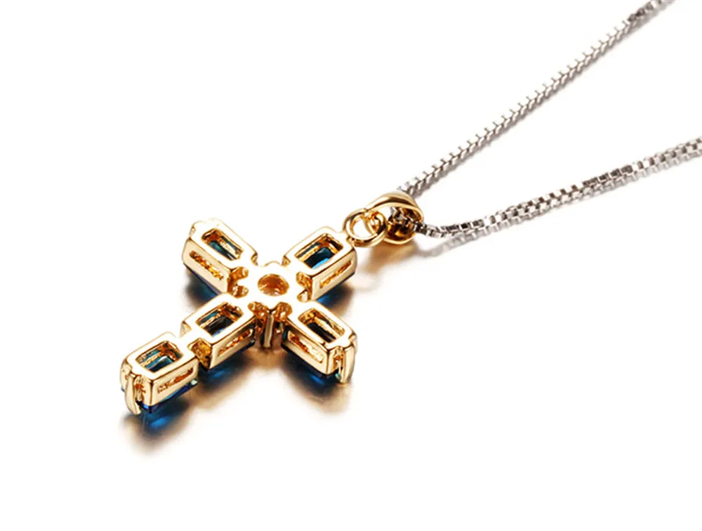 Sapphire gemtsones blue crystal cross pendant necklaces for women femme diamonds 18k gold color chain choker bijoux jewelry gift