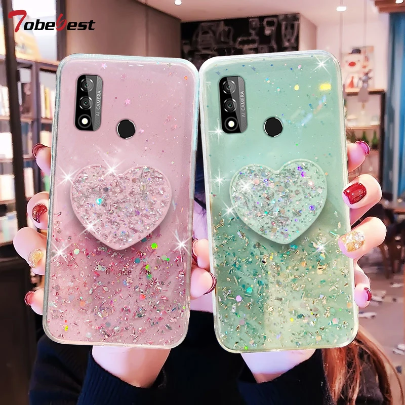 Silver Foil Phone holder case For Huawei P Smart 2020 Z 2019 2018 Coque Huawei Enjoy 7S Glitter Soft Silicone Stand Cover