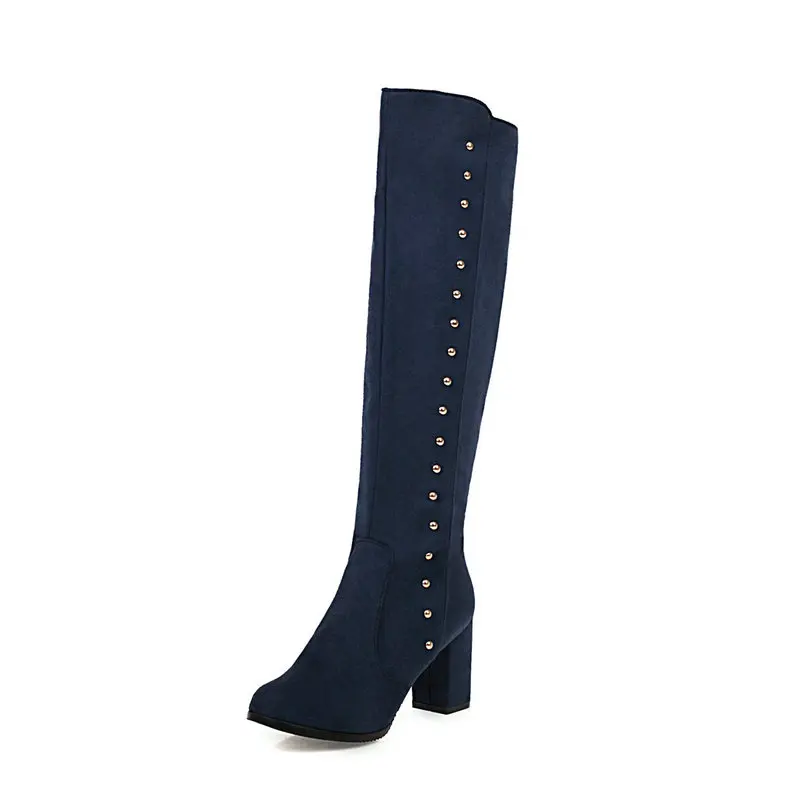 2020 Faux Suede Women Knee High Boots Square High Heel Ladies Boots Fashion Metal Decoration Zipper Women Shoes Back Blue