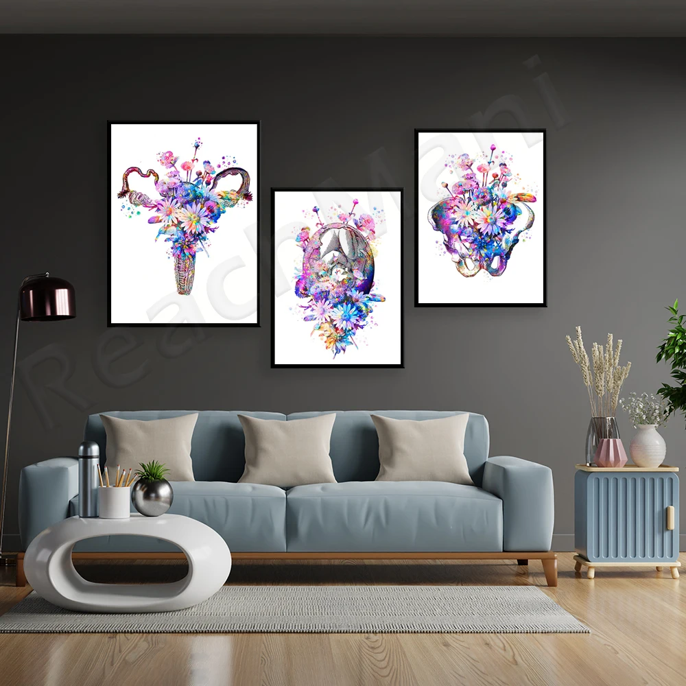 Pregnancy fetus and flowers drawing female uterus pelvis skeleton art medical decoration, midwife obstetrics decoration poster