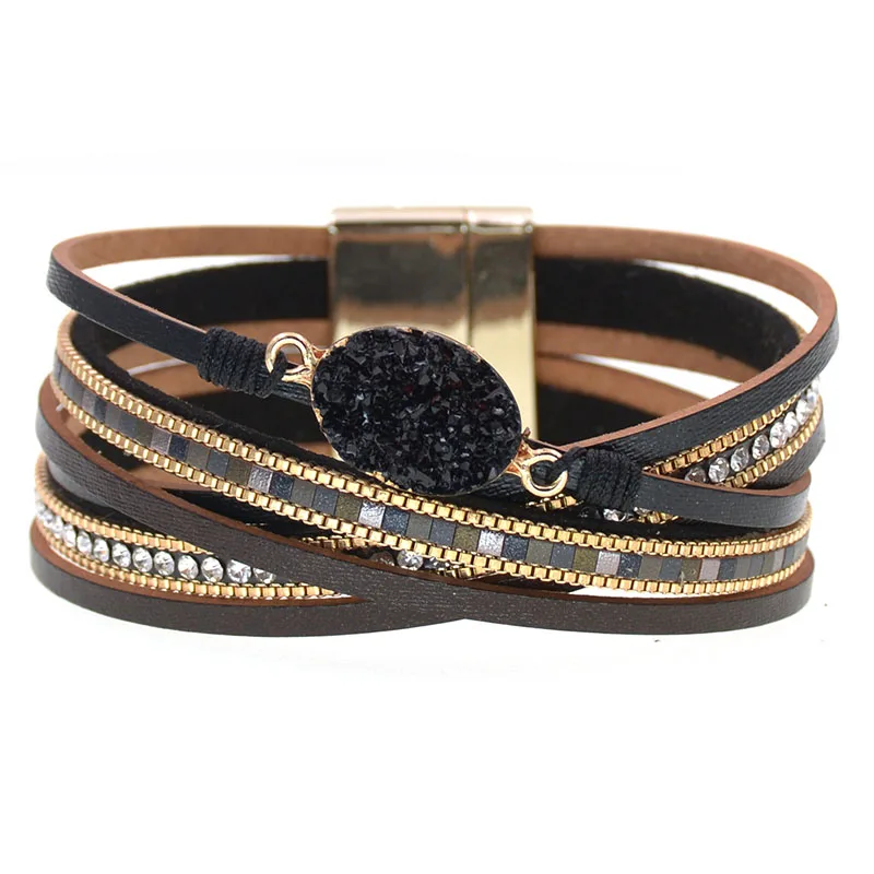 WELLMORE Charm Leather Bracelets For Women 2020 Fashion stone crystal Ladies Boho Multilayer Wide Wrap Bracelet Female Jewelry