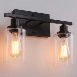 2-Light Bathroom Vanity Light Fixtures Vintage Industrial Metal Glass Sconces Matte Black Wall Lamp for Bathroom Kitchen Porch