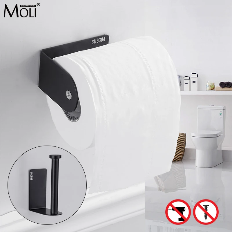 Modern Punch-free Black Bath Toilet Paper Holder No Punched Easy Install Black Bathroom Fixture Bathroom Accessories ELT1014