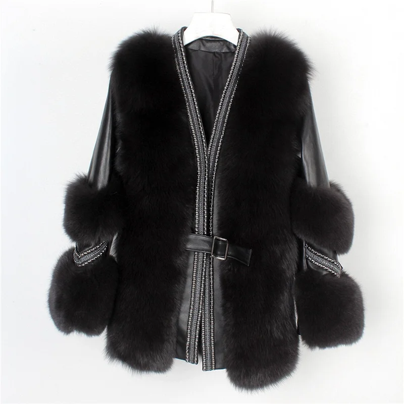 

2022 NEW Middle Length Women Real V-Neck High Quality Whole Skin Fox Fur Coat Trendy Female