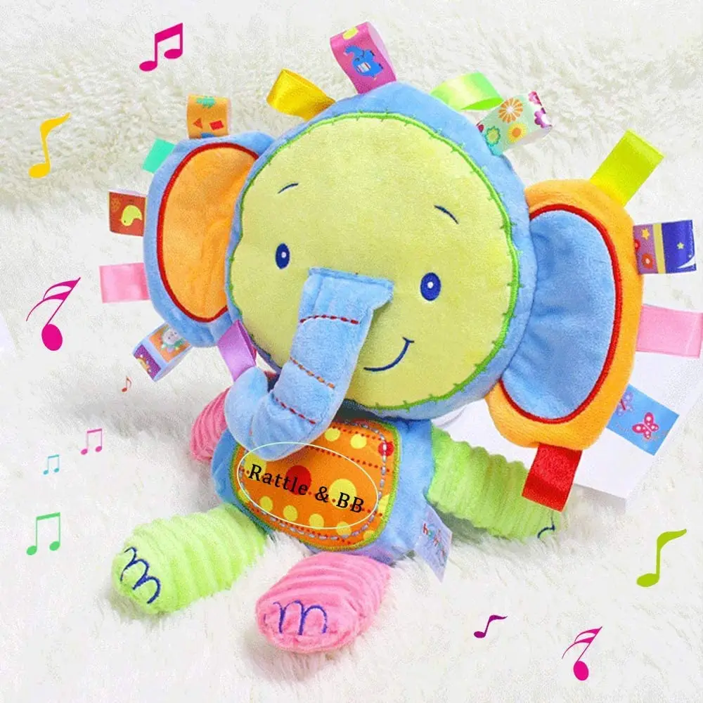 Baby Plush Sensory Tag Toy with Ribbons & Rattle,Baby Gifts for Newborn Taggie Security Elephant Stuffed Toys