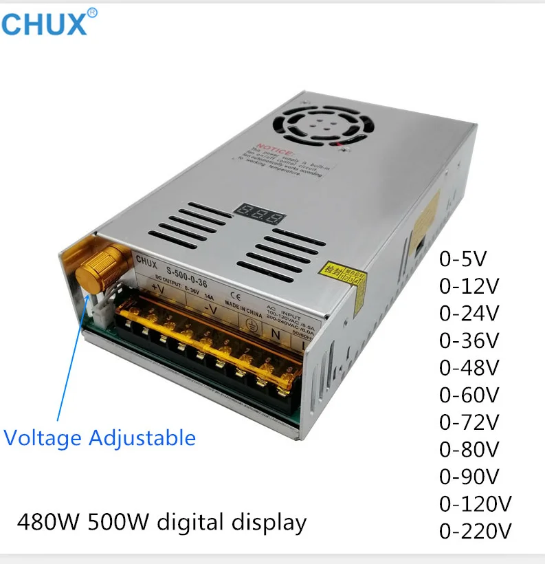 CHUX Adjustable 500W Switching Power Supply  12V 24V 36V 48V 60V 72V 80V 90V AC to DC for LED Strip Light Digital Display