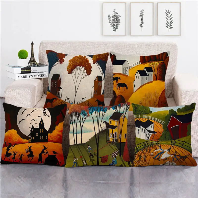 

Beautiful Country Town Printing Decor Pillow Cover Retro Oil Painting Style Linen Pillow Cushion Cover Square Cushion Cover