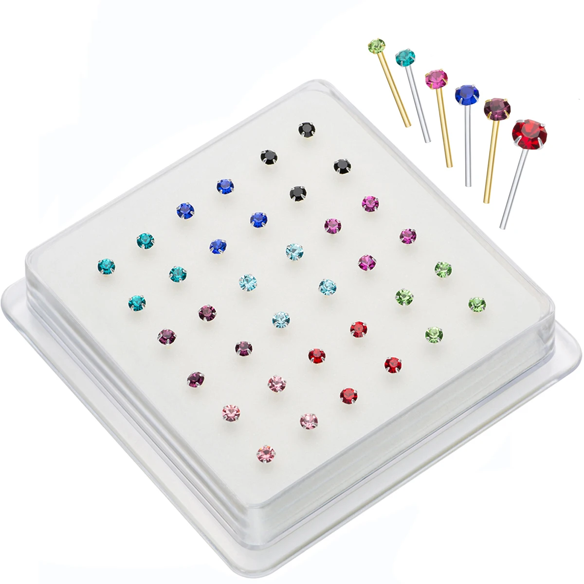 

Hotsale 36Pcs/Pack Fine Jewelry 925 Sterling Silver Nose Pin Studs Mix Colors Claw Set Nose Piercing Ring Nose Body Jewelry