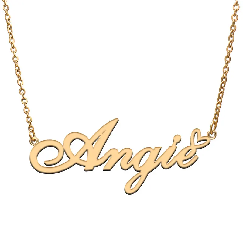 Angie Name with Love Heart Necklace for Women Stainless Steel Jewelry Nameplate Pendant Femme Mother Child Girls Gift