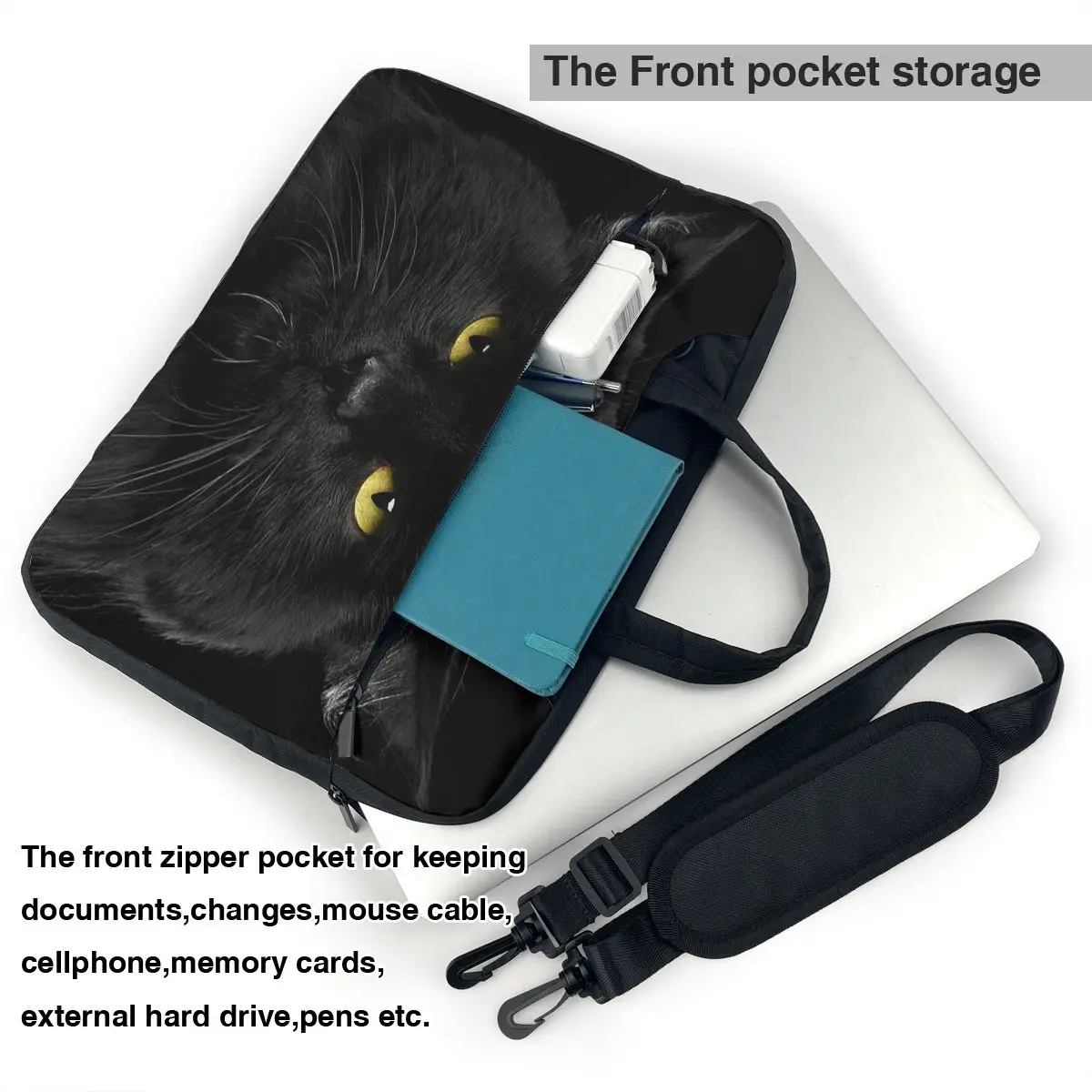 Gato preto Laptop Bag Case protetor Vintage computador saco bicicleta Crossbody Laptop bolsa