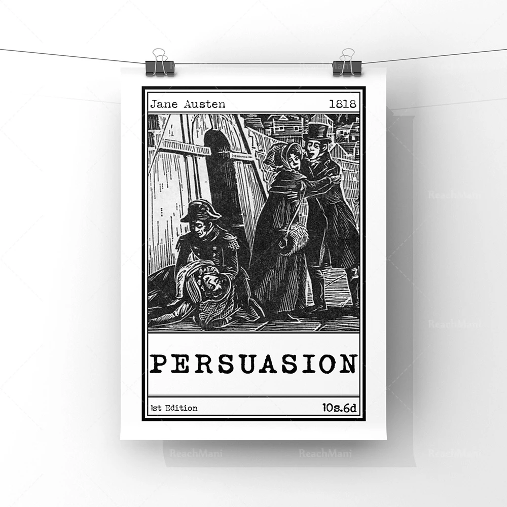 Affiche d'illustration artistique de couverture de livre de persuasion |   Jane Austen Livre de roman classique Impression publicitaire |   Littéraire romantique sans cadre