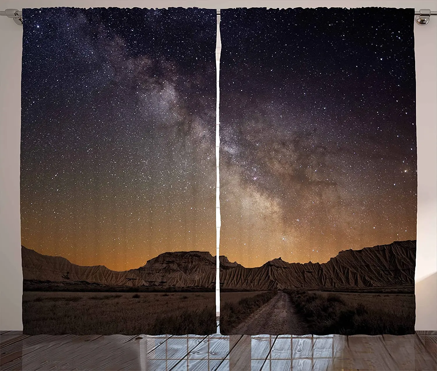 Night Blackout Curtains Milky Way Over Desert of Bardenas Spain Ethereal View Hills Arid Country Window Curtain