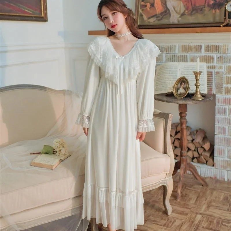 Vintage Luxury Modal Gauze Women\'s Long Nightgowns Long Sleeve Soft Lace Elegant Holiday Sleepwear Spring Autumn Loose Nighty