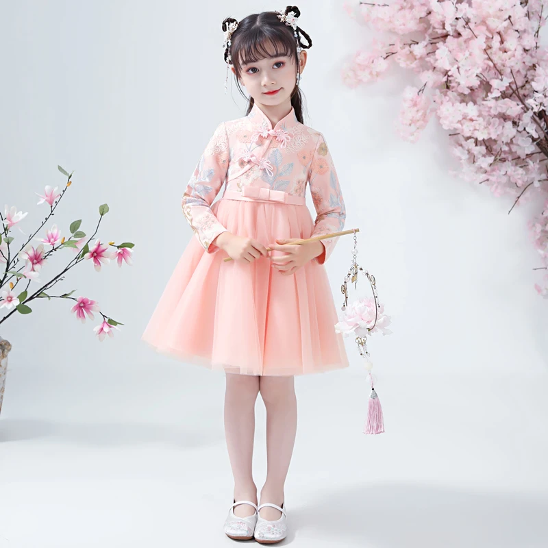 Vestido de encaje bordado de flores para niña, vestido Cheongsam chino Hafu, vestidos de fiesta para bebé, vestido de Año Nuevo