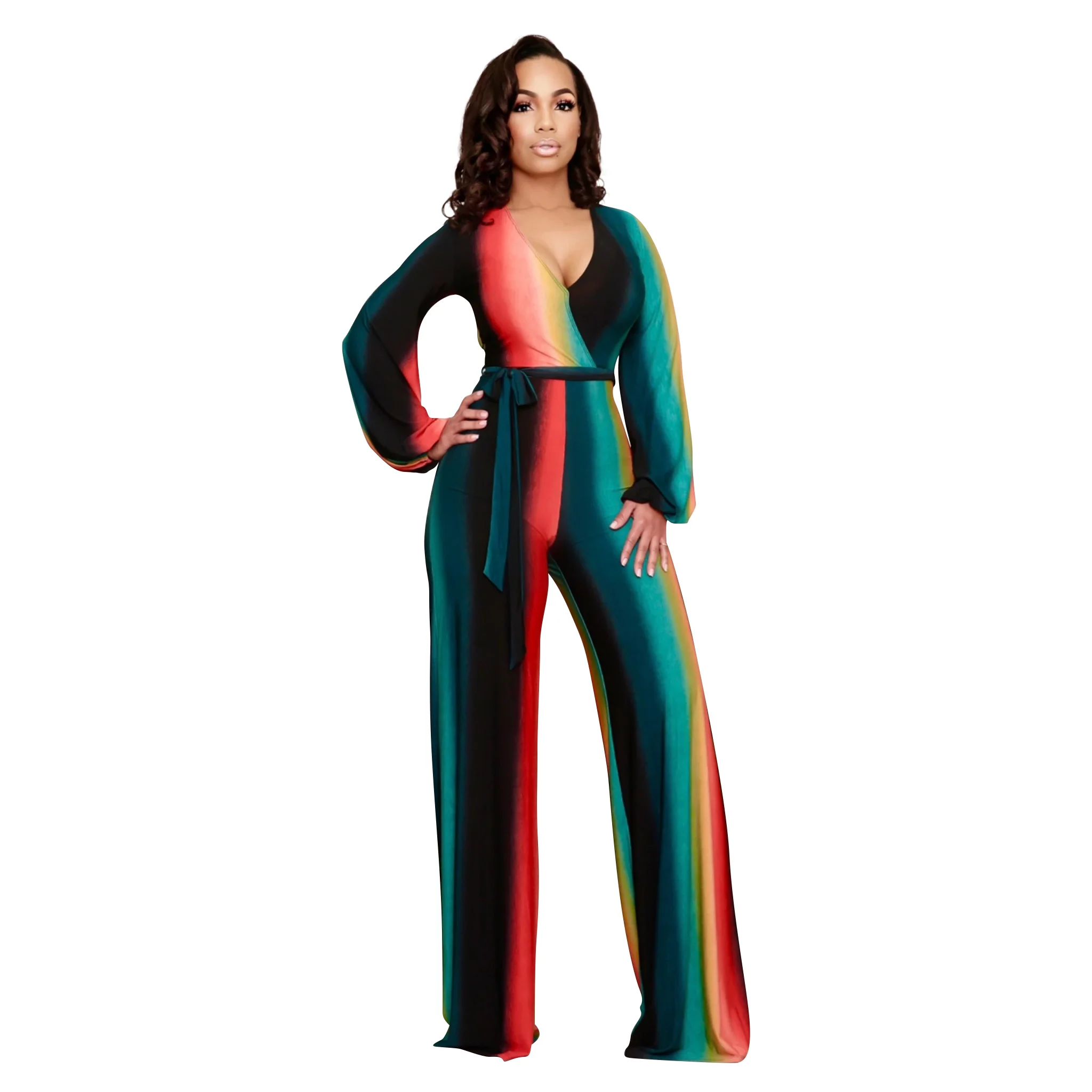 

Autumn new fashion women's rainbow strip jumpsuit V-neck tie long-sleeved trousers jumpsuit Casual commuter jumpsuit