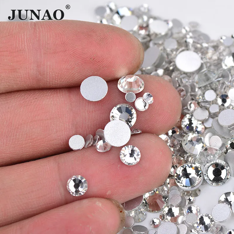 JUNAO 1440pcs Mix Size Clear White Rhinestones Nail Art Stones Glass Strass Non Hotfix Flatback Round Crystals for Dress Crafts