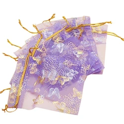 Sacs à ficelle de proximité en organza avec papillon violet, emballage de bijoux de bonbons de mariage, pocommuniste cadeaux de fête, 10x12cm, lot de 100 pièces