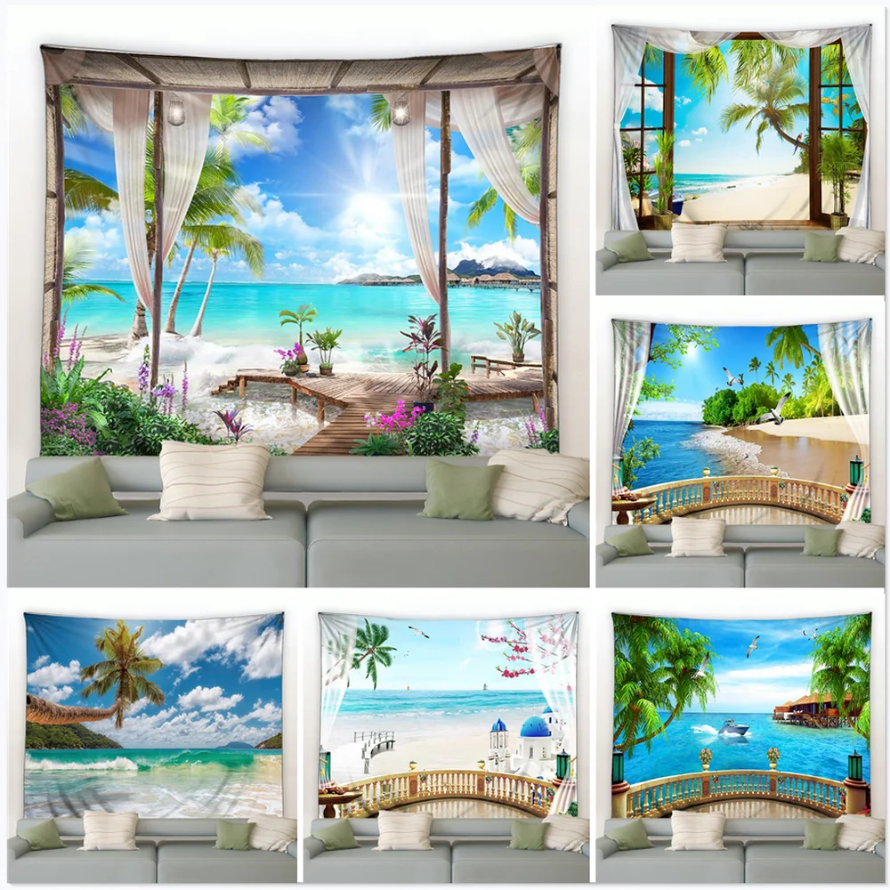 

Beach Decor Big Tapestry Ocean Sea Tropical Island Palm Tree Wall Hanging Blanket Summer Scenery For Living Bedroom Dorm Curtain