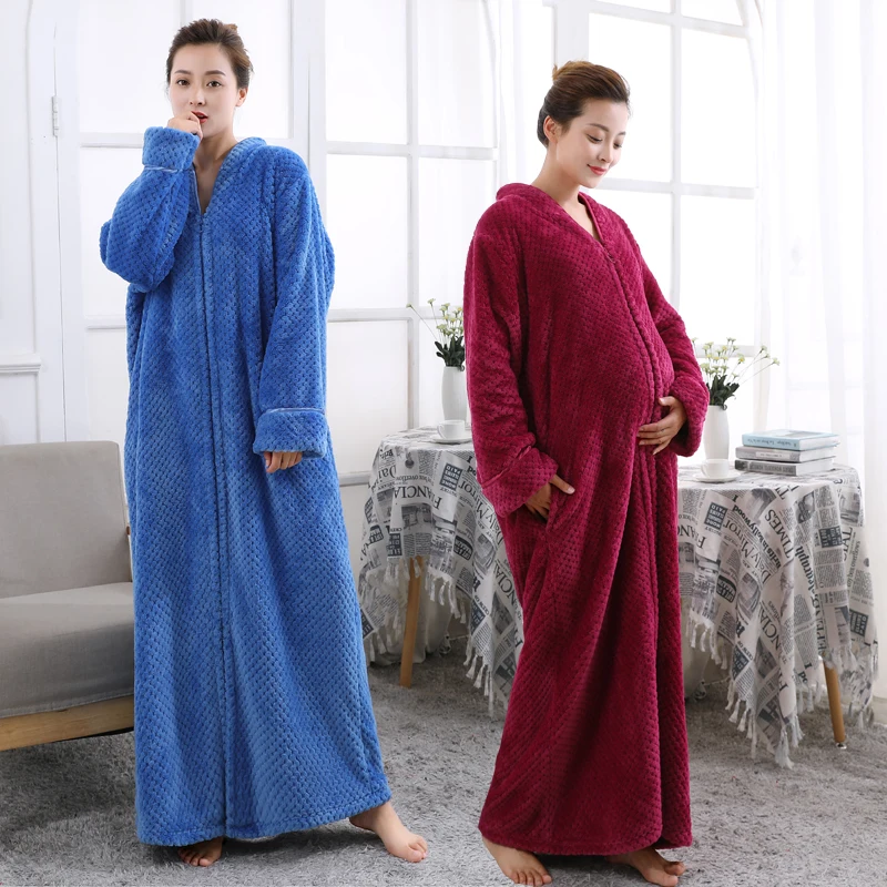 Women Plus Size Thickening Flannel Extra Long Thermal Bathrobe Lovers Zipper V-Neck Winter Warm Bath Robe Pregnant Wedding Robes