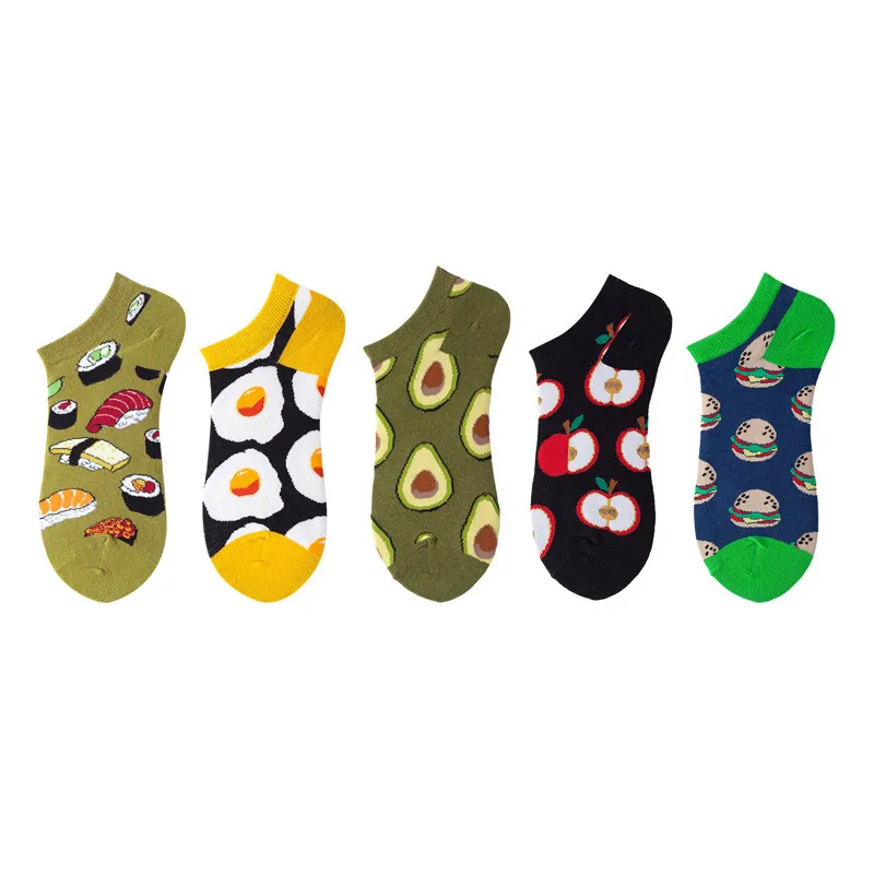 Calcetines invisibles divertidos de algodón para hombre y mujer, medias cortas de silicona con dibujos de animales y frutas, 5 pares