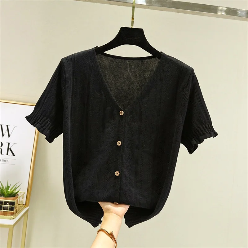 4XL 2024 Summer Cardigan Single Breasted Black White Short Women short Sleeve Loose Caridgan Female Knitted Jacket Women