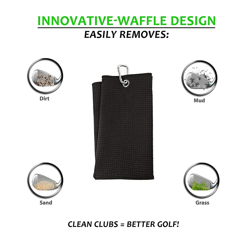 Tri-fold Golf Towel | Premium Microfiber Fabric | Waffle Pattern | Heavy Duty Carabiner Clip