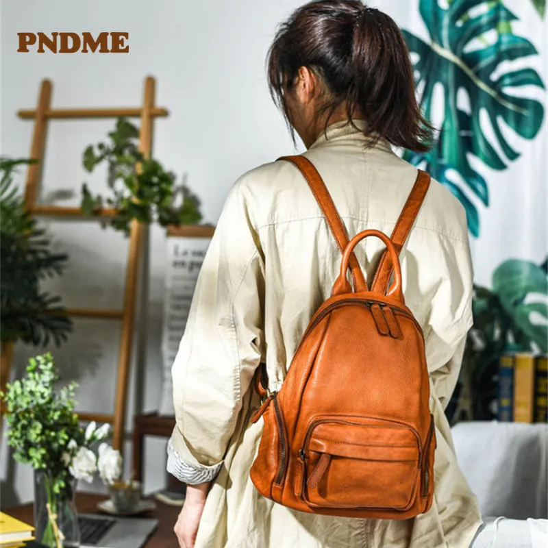 PNDME retro fashion luxury natural real cowhide ladies backpack daily leisure outdoor weekend party handbag