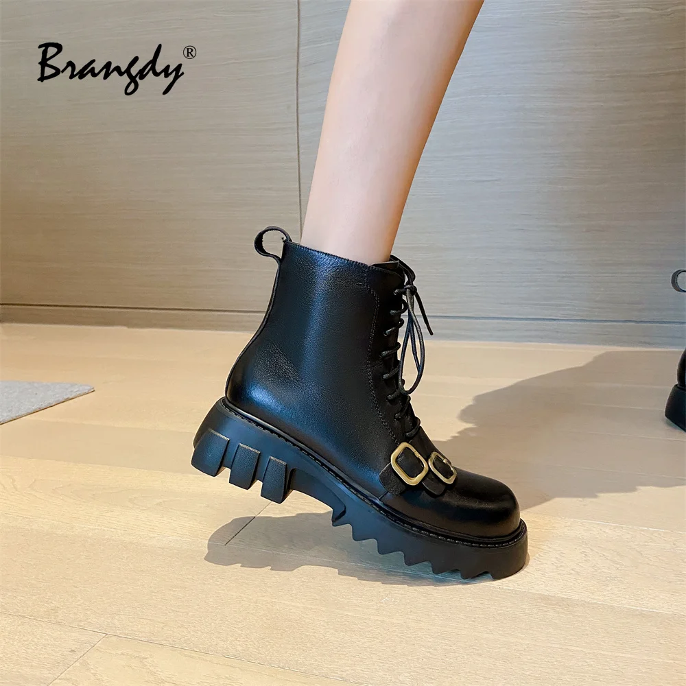 2024 Retro Women Boots Genuine Leather Women Shoes Round Toe Belt Buckle Womens Winter Ankle Boots Wedges Zipper Lace