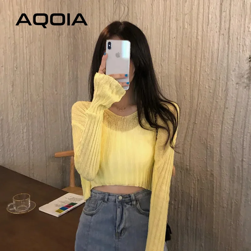 2022 Spring Sexy Solid Color thin Women Sweater Long Sleeve Loose Transparent Short Womens Sweaters INS V Neck Female Pullovers