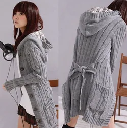 Women's Knitted Cardigan Plaid Hooded Slim Solid Color Twist Lace Up Thickened Cardigan Women Long Knitted Hooded Coat Sweater