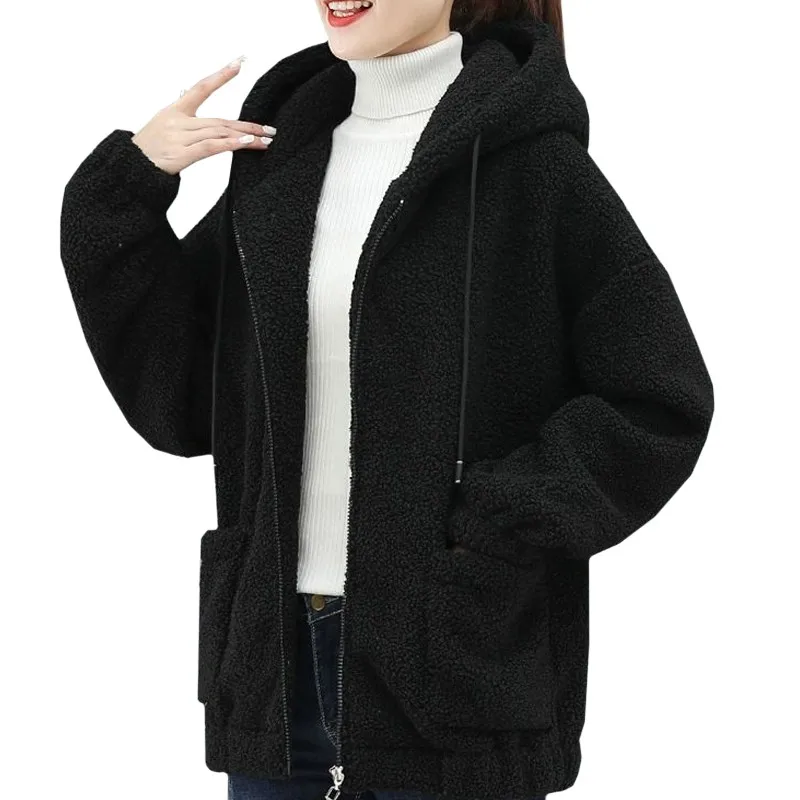 

New Arrivals Winter Commuting Women Hoodie Zipper Lamb Wool Keep Warm Sweatshirt Solid Harajuku Long Sleeve Female Pullover