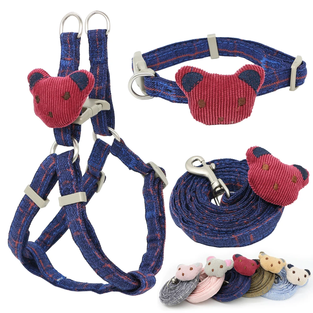 Adjustable Soft Dog Harness and Leash Collar Set, Cartoons Bear Harness for Small and Medium Pets, Cat Collar, Outdoor Walking