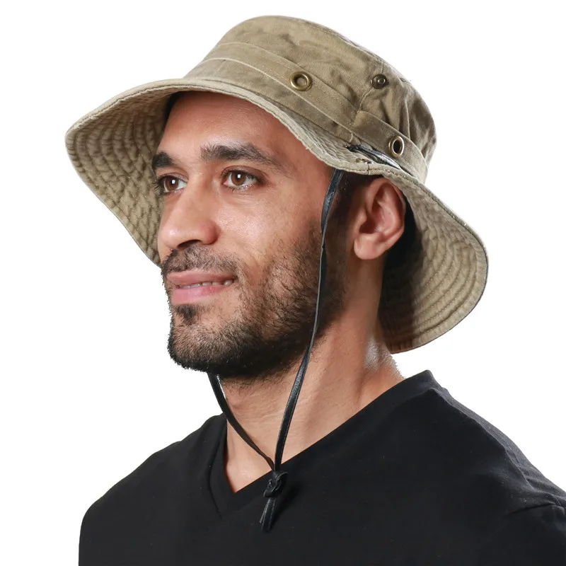 Men's Cap Spring Summer 100% Cotton Bucket Hats Western 2023 New Style Wind Rope Fixed Dad's Beach Hat Cowboy Outdoor Safari Hat