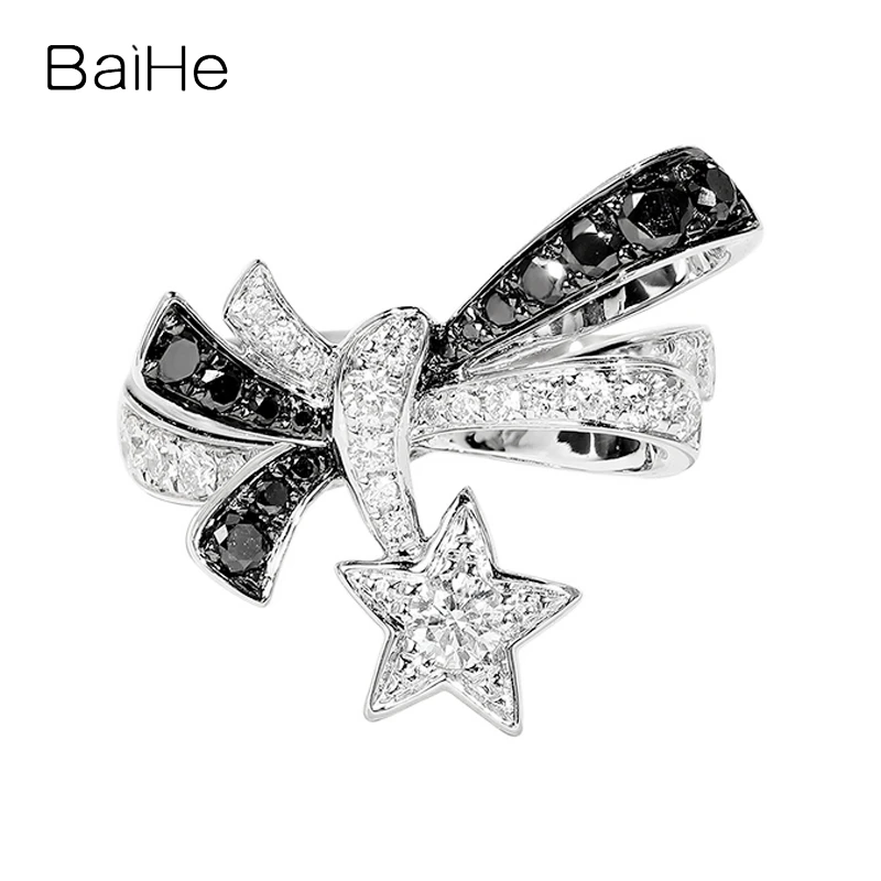 

BAIHE Solid 14K White Gold H/SI White Black Natural Diamond Star Ring Women Trendy Fine Jewelry Making Anel Estrela stjärnring