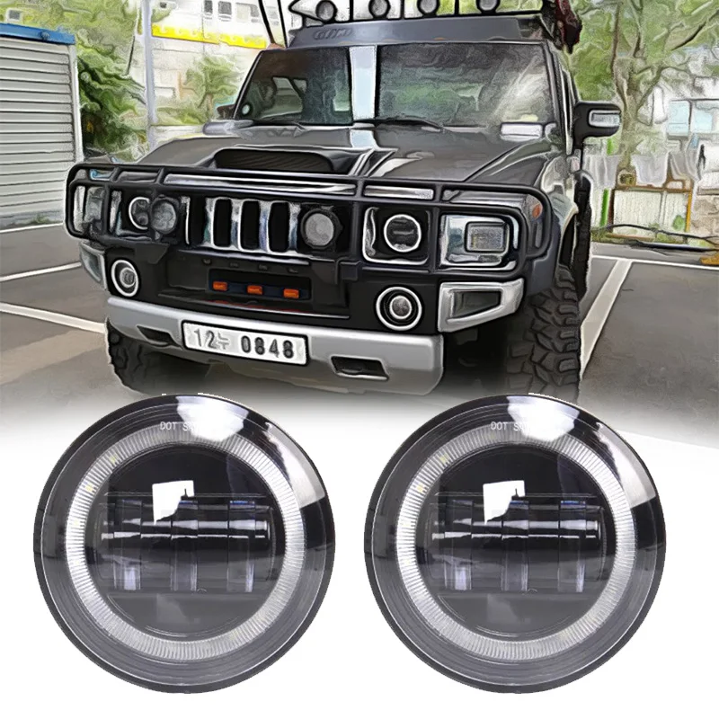 2pcs  4inch 30W LED Fog Passing Light with DRL White Halo Ring Fit for 2003-2009 Hummer H2 Car Accessories Black/Chrome