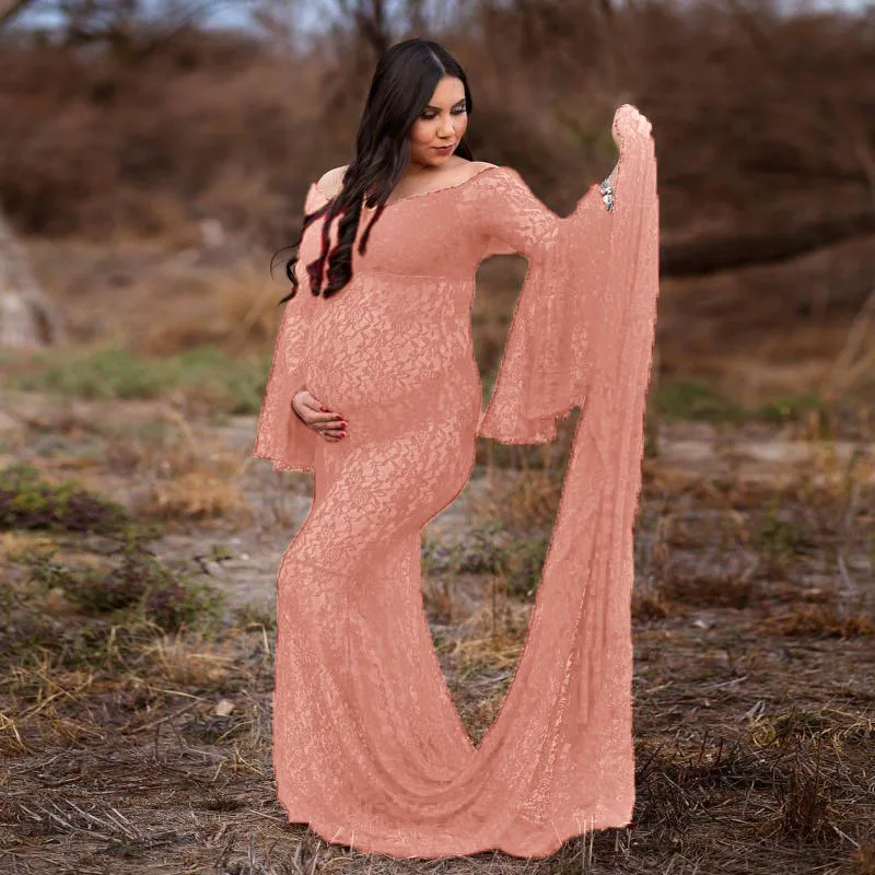 Flare Sleeve Maternity Dresses For Photo Shoot Sexy Lace Pregnant Woman Clothes Long Pregnancy Dress Maxi Gown Photography Props