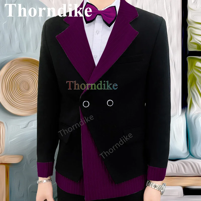 Thorndike Trend Style Wedding Groom Suit Double Breasted Casual Black Tuxedo Stitching Striped Suit 2-piece Suit